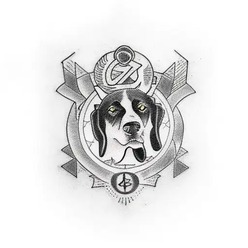 Tattoo of a black stray dog with a coding symbol incorporated in its design tattoo design idea