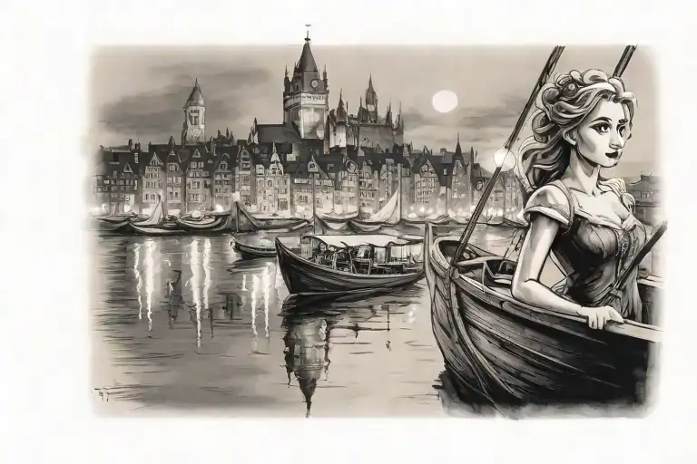 I want rapunzels tower in the background of the lights with her and flin on the boat tattoo design idea