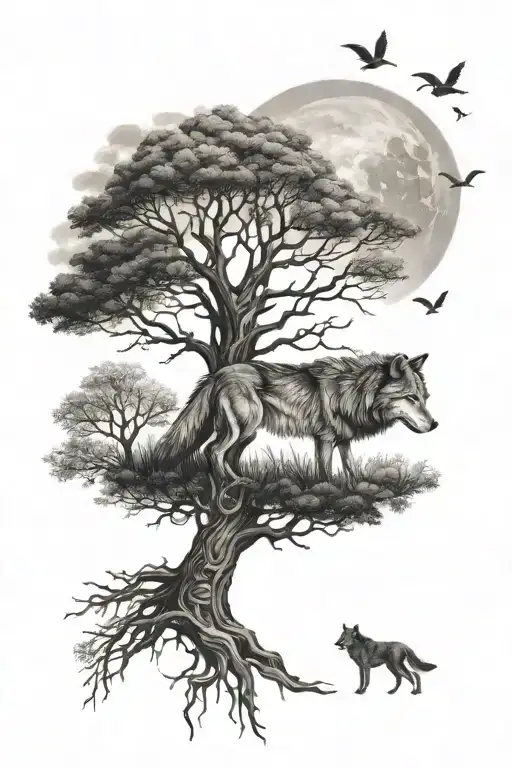 tree of life wolf   tattoo design idea