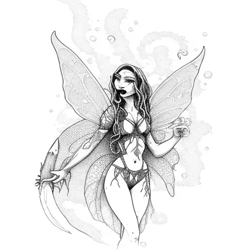 a freshwater fairy with elements of a witch and with some characteristic element of a cowboy tattoo design idea