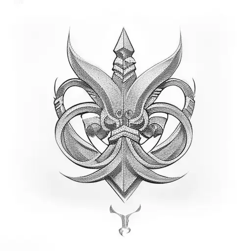 Generate a tattoo. Imagine two fleur-de-lis intertwined, one with sharp lines and angles resembling the Chrysler Buildin tattoo design idea