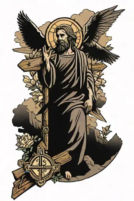 Christan forearm tatoo with jesus carrying the cross on a mountain and doves in the air   tattoo design idea