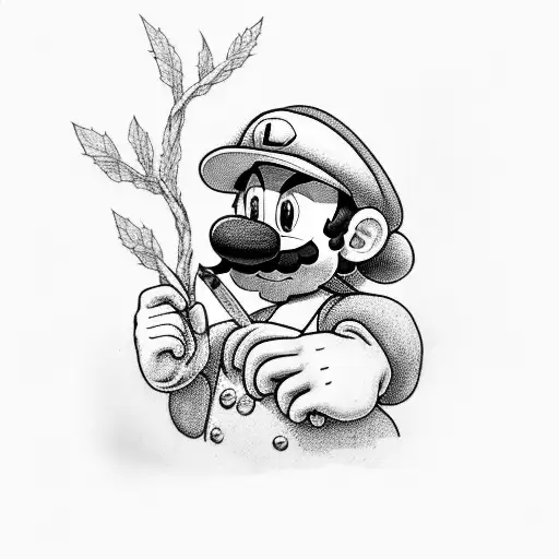 Luigi smoking a joint on a tree branch with mario tattoo design idea
