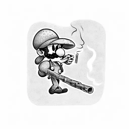 Luigi smoking a joint on a tree branch with Toad tattoo design idea