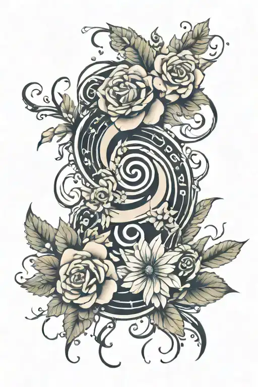 A Japanese FLORAL FOREARM DESIGN with Music notes intertwined in the leaves. Naruto SEAL MARK  AT THE CENTER OF THE ART tattoo design idea
