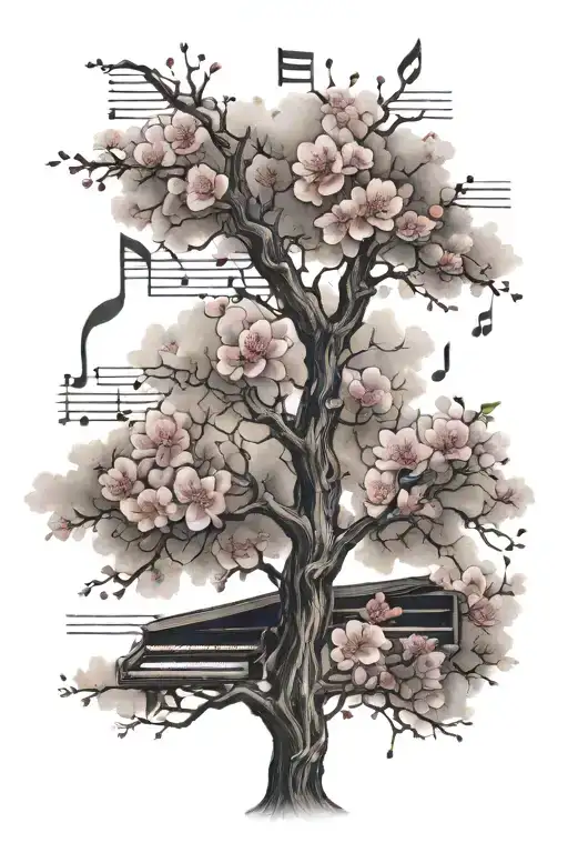 A Japanese cherry blossom tree with music notes as petals tattoo design idea