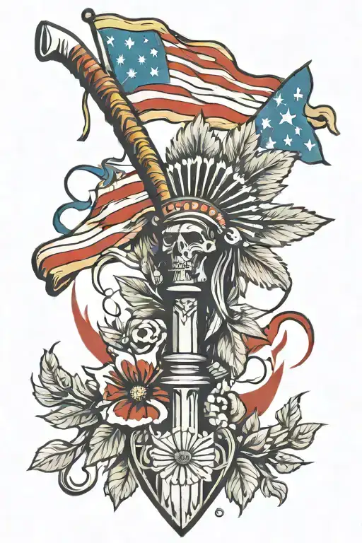 Native American style tomahawk, Betsy Ross flag, blood, large tree tattoo design idea