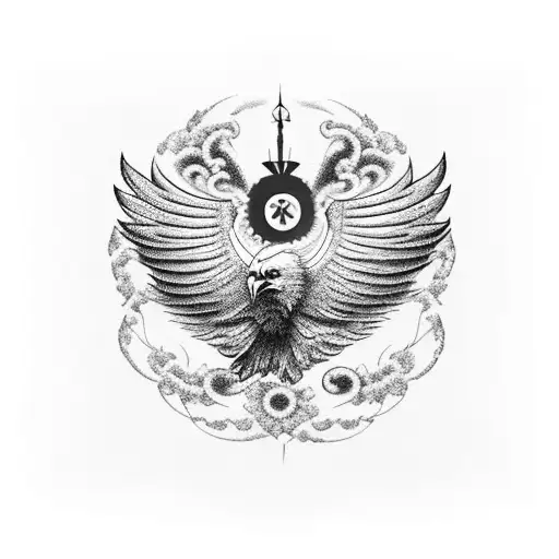 A mesmerizing blackwork design of an eagle's wings morphing into swirling clouds, with the American flag as the centerpiece tattoo design idea