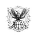 A realistic eagle perched on a flagpole, with the American flag unfurling in the wind and an hourglass in its talons tattoo design idea