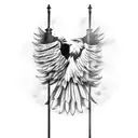 A realistic eagle perched on a flagpole, with the American flag unfurling in the wind and an hourglass in its talons tattoo design idea