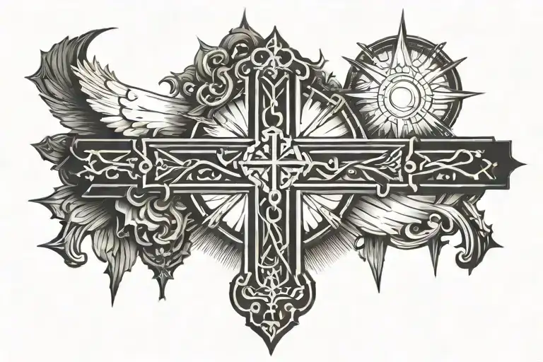 god first with 3 crosses horizontally and rays of sunlight shining down on god first  tattoo design idea