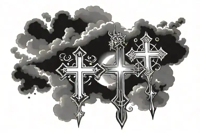 god first with clouds surrounding and  3 crosses after first with rays of sunlight shining down on god first on forearm tattoo design idea