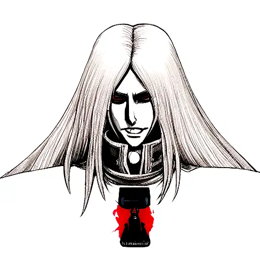 Create a realistic portrait of Alucard from Hellsing with a PS5 controller in his hand tattoo design idea