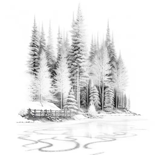 Mountain Scene next to frozen pond with hockey net that transfers into forest that transfers into beach tattoo design idea