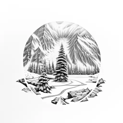 Mountain Scene next to frozen pond with hockey net that transfers into forest that transfers into beach tattoo design idea