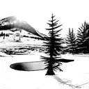 Wide Mountain Scene next to frozen pond with hockey net that transfers into forest that transfers into beach tattoo design idea