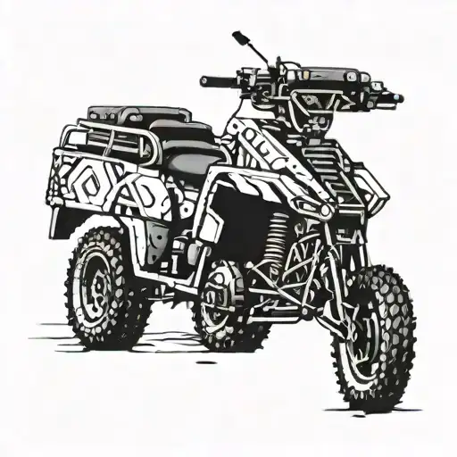 A detailed offroad vehicle navigating through a rugged terrain, with a computer code overlay symbolizing hacking skills tattoo design idea