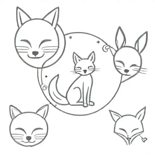 Cute kitten, cute fox, cute bunny, moon surrounded tattoo design idea