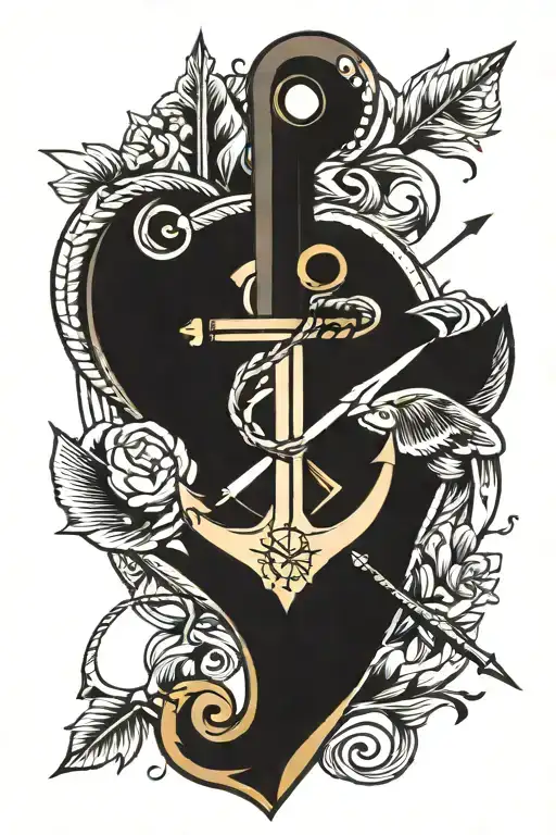 anchor heart with arrows compass and clock  tattoo design idea