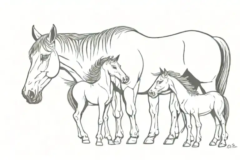 two adult horses looking after a young baby dragon and a young ox calf tattoo design idea