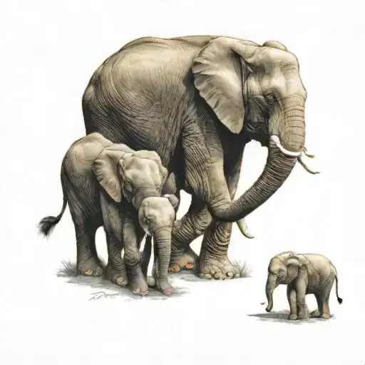 mother elephant, 2 teen, 1 baby elephant tattoo design idea