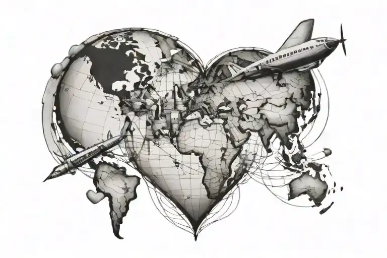 the globe with a plane and the line left by the plane forming a heart between Seville, London and Turin tattoo design idea
