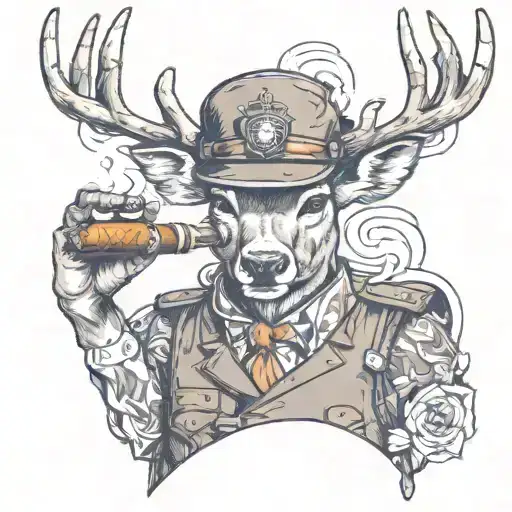 a deer dressed a army helmet and vest smoking a cigar tattoo design idea