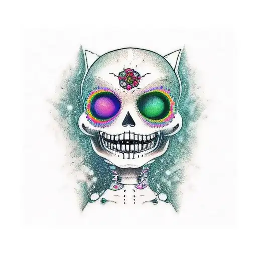Tatuaje de una Catrina, en estilo neotradicional a color, mirando de frente con rasgos minimalistas, líneas bien definid tattoo design idea