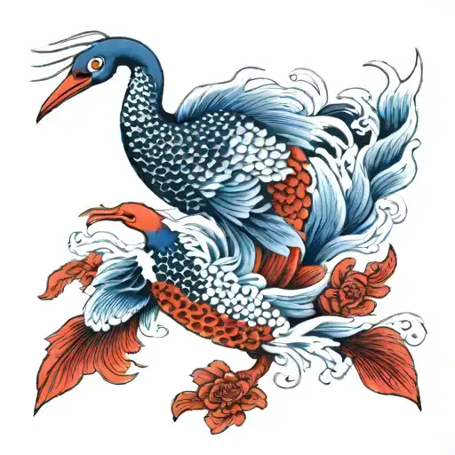 Japanese red and blue crane and koi fish swimming upstream  tattoo design idea