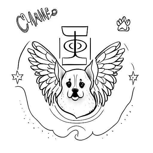small paw print with angel wings and halo with name charlie written underneath it in cursive tattoo design idea