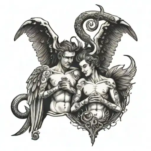 Angel's body figure with devils horn and devil's body figure with angel's wings and ring tattoo design idea