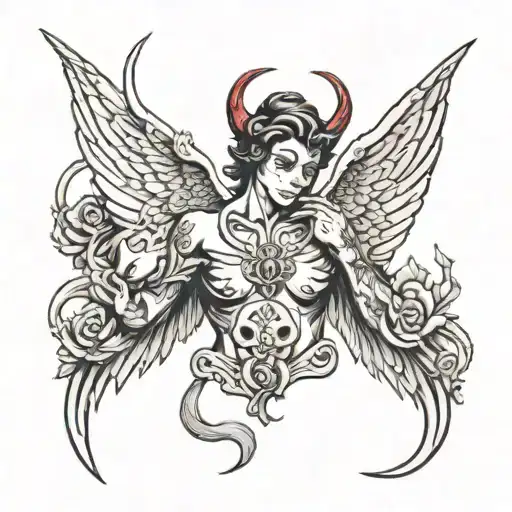Angel's figure with devils horn and tail tattoo design idea