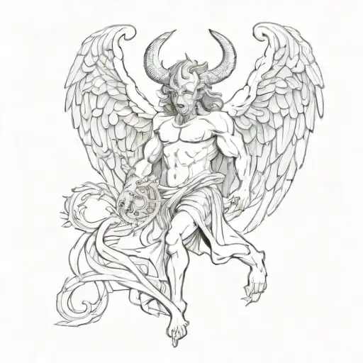 devil's figure with angel's wings and ring tattoo design tattoo design idea