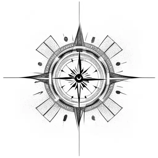 Half compass half clock, with an arrow, feathers, foliage, and abstract lines tattoo design idea