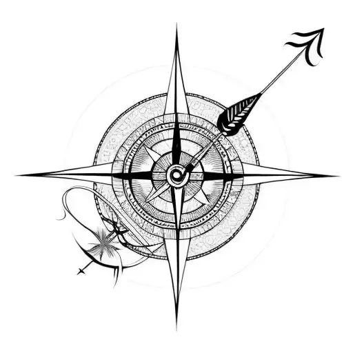 Half compass half clock, with an arrow, feathers, foliage, and abstract lines behind and around it tattoo design idea