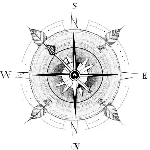 Half compass half clock, with an arrow, feathers, foliage, and abstract lines behind and around it tattoo design idea