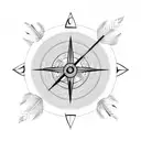 Half compass half clock, with an arrow, feathers, foliage, and abstract lines tattoo design idea