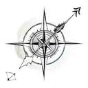 Half compass half clock, with an arrow, feathers, foliage, and abstract lines behind and around it tattoo design idea