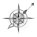 Half compass half clock, with an arrow, feathers, foliage, and abstract lines behind and around it tattoo design idea