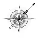 Half compass half clock, with an arrow, feathers, foliage, and abstract lines behind and around it tattoo design idea