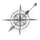 Half compass half clock, with an arrow, feathers, foliage, and abstract lines behind and around it tattoo design idea