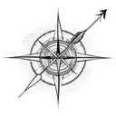 Half compass half clock, with an arrow, feathers, foliage, and abstract lines behind and around it tattoo design idea