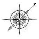 Half compass half clock, with an arrow, feathers, foliage, and abstract lines behind and around it tattoo design idea