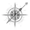 Half compass half clock, with an arrow, feathers, foliage, and abstract lines behind and around it tattoo design idea