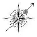 Half compass half clock, with an arrow, feathers, foliage, and abstract lines behind and around it tattoo design idea