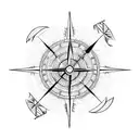 Half compass half clock, with an arrow, feathers, foliage, and abstract lines behind and around it tattoo design idea