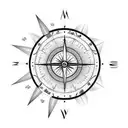 Half compass half clock, with an arrow, feathers, foliage, and abstract lines behind and around it tattoo design idea