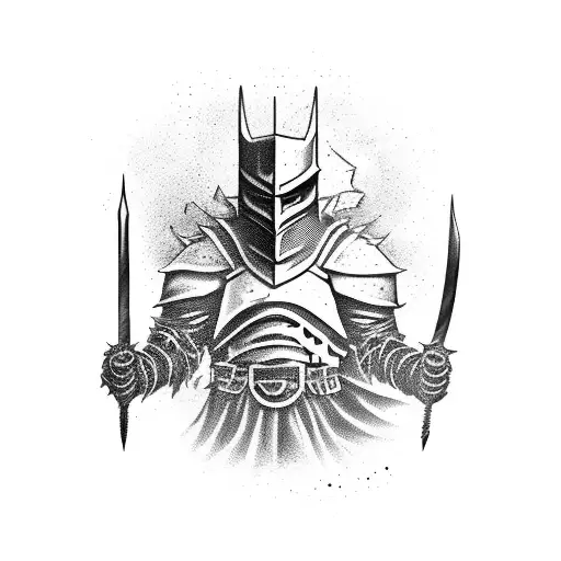 Dark fantasy knight battling a monstrous creature with a guitar as a weapon tattoo design idea