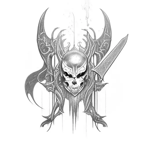 Music-inspired dark fantasy creature wielding a sword tattoo design idea
