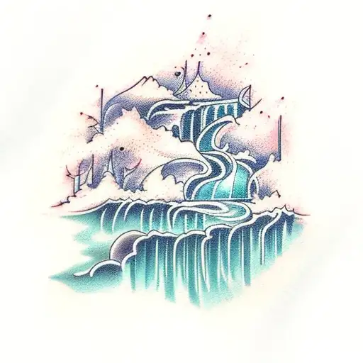A tattoo of a serene waterfall flowing through a library tattoo design idea